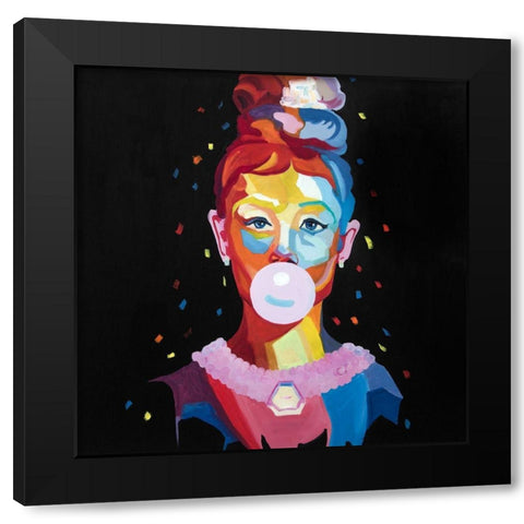 COLORFUL WOMAN PORTRAIT WITH BUBBLEGUM Black Modern Wood Framed Art Print with Double Matting by Atelier B Art Studio