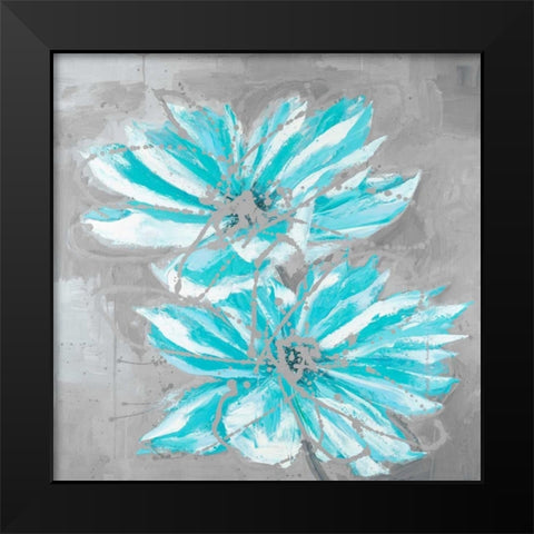 Two Little Abstract Blue Flowers Black Modern Wood Framed Art Print by Atelier B Art Studio