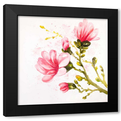 Watercolor Magnolia Flowers Black Modern Wood Framed Art Print with Double Matting by Atelier B Art Studio