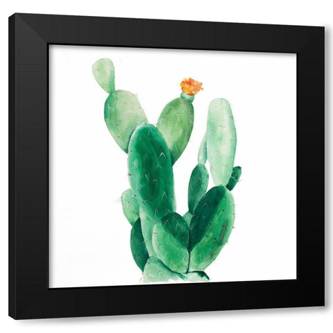 Watercolor Paddle Cactus with Flower Black Modern Wood Framed Art Print with Double Matting by Atelier B Art Studio