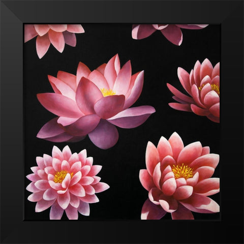 LOTUS FLOWER PATTERN Black Modern Wood Framed Art Print by Atelier B Art Studio