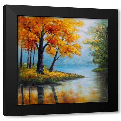 Fall Trees at the Waters Edge Black Modern Wood Framed Art Print with Double Matting by Atelier B Art Studio