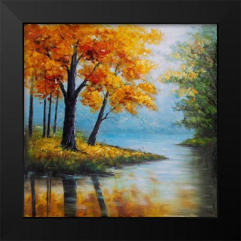 Fall Trees at the Waters Edge Black Modern Wood Framed Art Print by Atelier B Art Studio