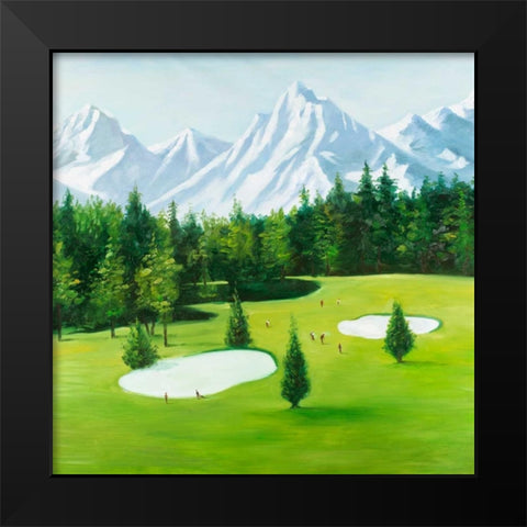 Golf Course with Mountains View Black Modern Wood Framed Art Print by Atelier B Art Studio