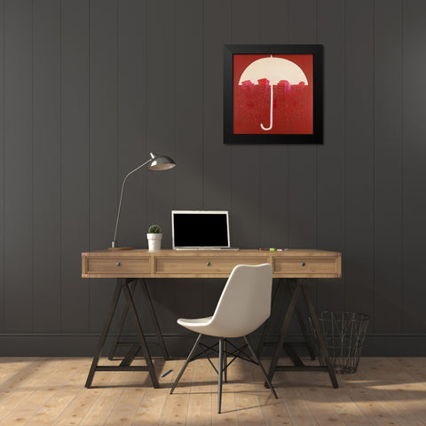 RED CITY UNDER UMBRELLA Black Modern Wood Framed Art Print by Atelier B Art Studio