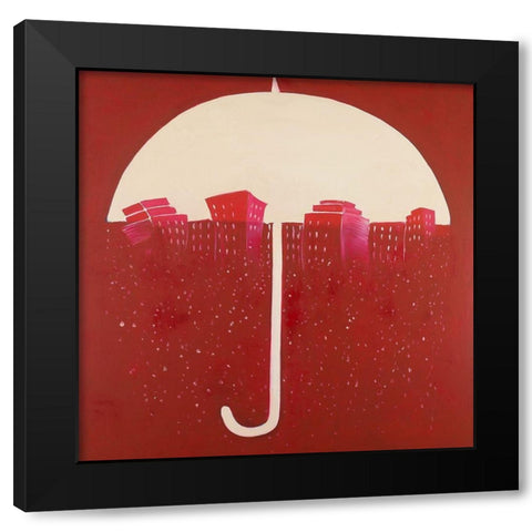 RED CITY UNDER UMBRELLA Black Modern Wood Framed Art Print by Atelier B Art Studio