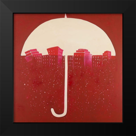 RED CITY UNDER UMBRELLA Black Modern Wood Framed Art Print by Atelier B Art Studio