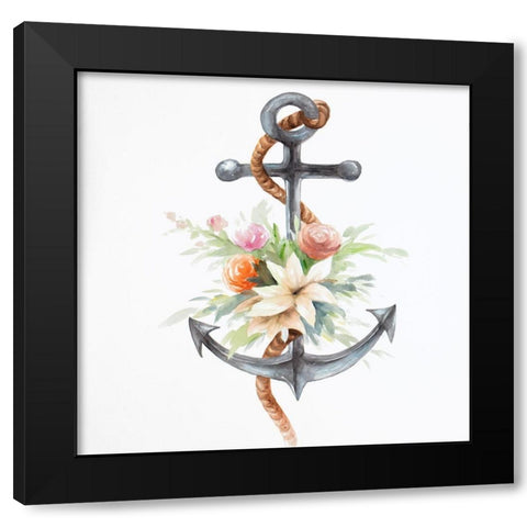 ANCHOR WITH FLOWERS Black Modern Wood Framed Art Print by Atelier B Art Studio