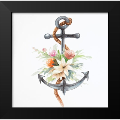 ANCHOR WITH FLOWERS Black Modern Wood Framed Art Print by Atelier B Art Studio