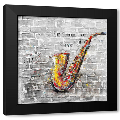 Graffiti of a saxophone on brick wall Black Modern Wood Framed Art Print by Atelier B Art Studio