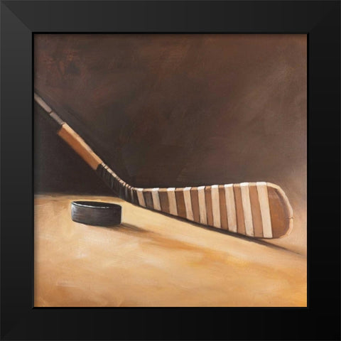 Stick and Hockey Puck Black Modern Wood Framed Art Print by Atelier B Art Studio