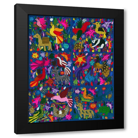Amazing multicoloured mexican tapestry on blue background Black Modern Wood Framed Art Print by anonymous