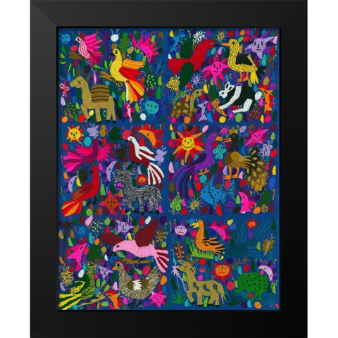 Amazing multicoloured mexican tapestry on blue background Black Modern Wood Framed Art Print by anonymous