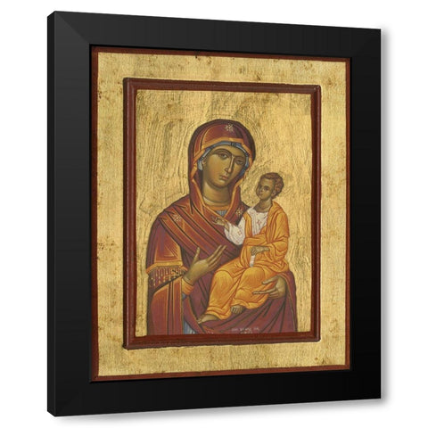 Byzantine Icon Haloed Virgin Mary with Baby Jesus Black Modern Wood Framed Art Print by anonymous
