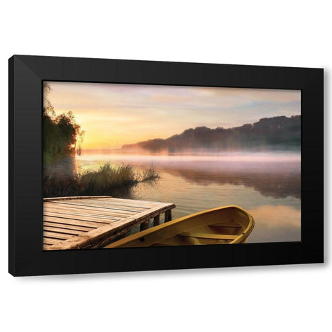 Foggy Boat and Lake Black Modern Wood Framed Art Print by Anonymous