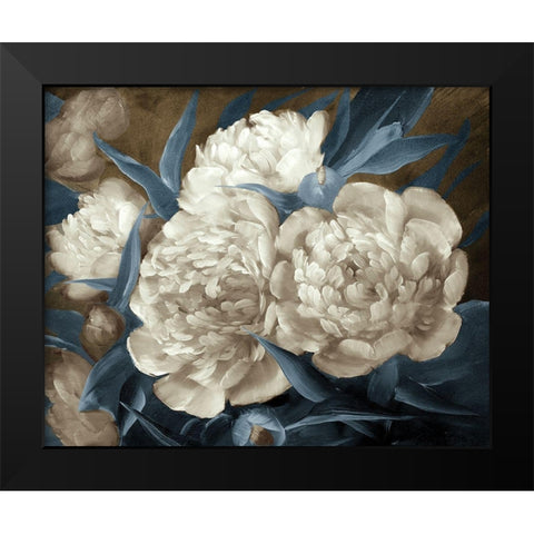 Peonies painting in blue-brown  Black Modern Wood Framed Art Print by Anonymous