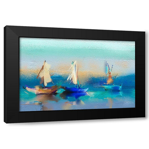 Abstract Seascape and Boats Black Modern Wood Framed Art Print by Pornmingmas, N.