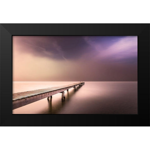 Long Pier in Early Morning Black Modern Wood Framed Art Print by Anon.