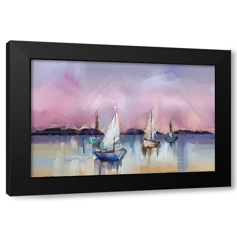 Seascape with Sunlit Background Black Modern Wood Framed Art Print by Pornmingmas, N.