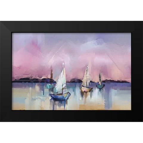 Seascape with Sunlit Background Black Modern Wood Framed Art Print by Pornmingmas, N.