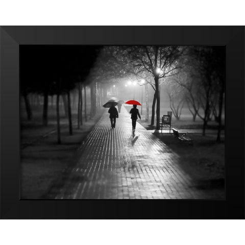 Umbrella Walk Black Modern Wood Framed Art Print by Anonymous