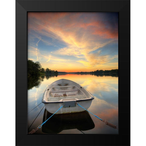 Rowboat on Summer Lake, Color Black Modern Wood Framed Art Print by Anonymous