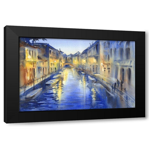 Night Lights on Venetian Canal Black Modern Wood Framed Art Print by Lipeikaite, Egle