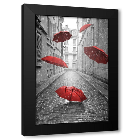 Floating Umbrellas Black Modern Wood Framed Art Print by Anonymous