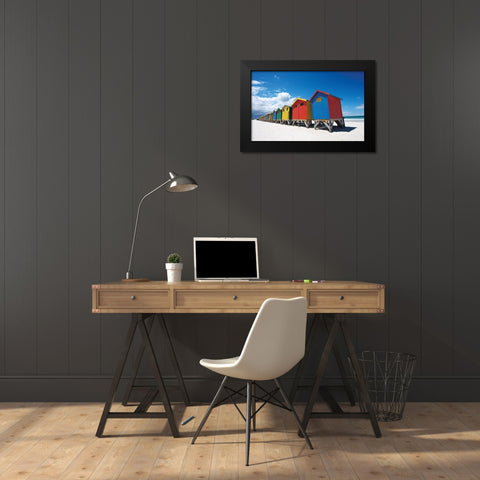 Rainbow Beach Huts Black Modern Wood Framed Art Print by Bradfield, N.