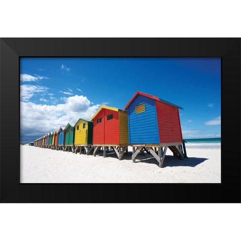 Rainbow Beach Huts Black Modern Wood Framed Art Print by Bradfield, N.