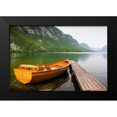 Boat at Lake Pier, Color Black Modern Wood Framed Art Print by Anonymous