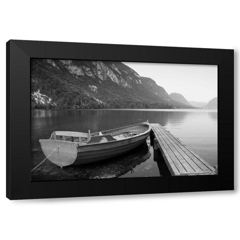 Boat at Lake Pier Black Modern Wood Framed Art Print by Anonymous