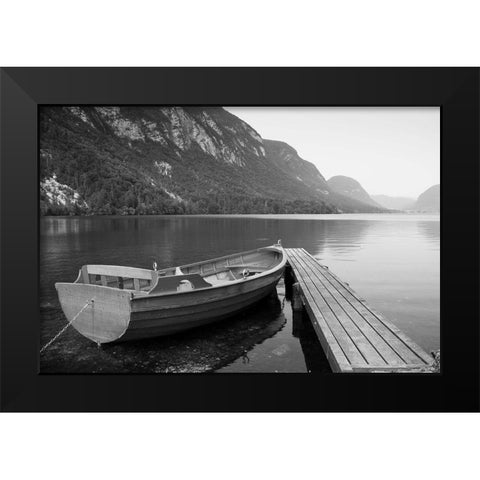 Boat at Lake Pier Black Modern Wood Framed Art Print by Anonymous