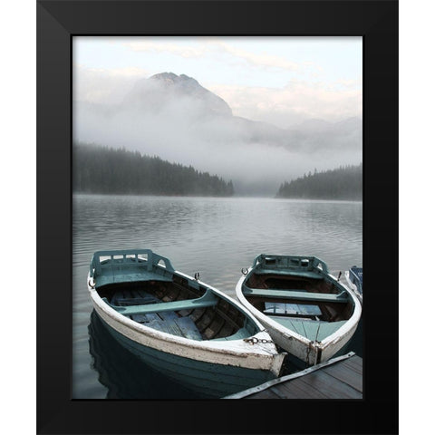 Two Rowboats at Pier Black Modern Wood Framed Art Print by Anonymous