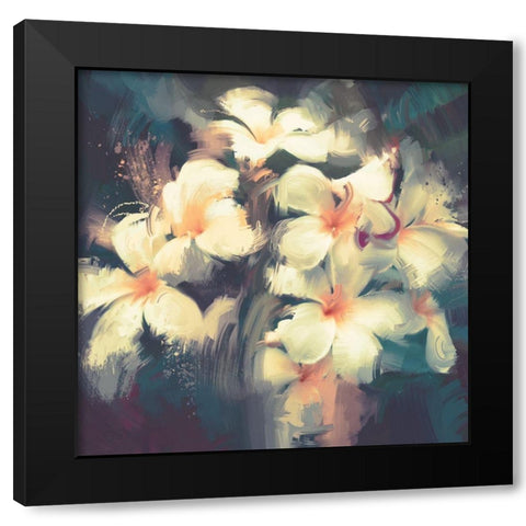 White Flowers in the Dark Black Modern Wood Framed Art Print by Anonymous