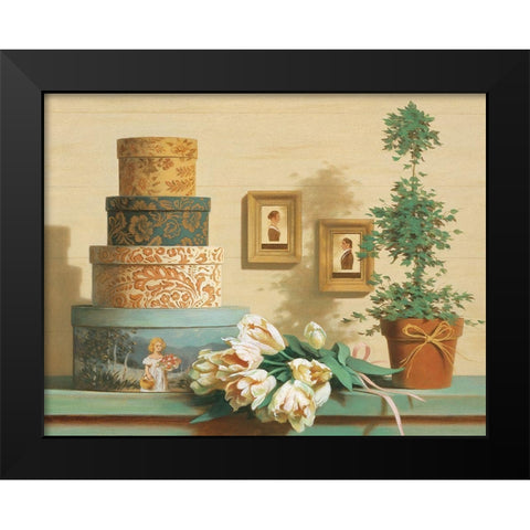 Hat Boxes on Shelf Black Modern Wood Framed Art Print by Unknown