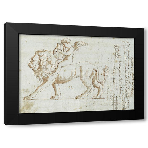 Cherub on Lion II Black Modern Wood Framed Art Print with Double Matting by Unknown