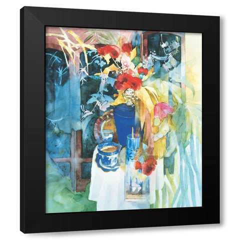 Blue Vase and Flowers Black Modern Wood Framed Art Print with Double Matting by Unknown