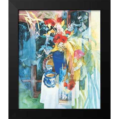 Blue Vase and Flowers Black Modern Wood Framed Art Print by Unknown