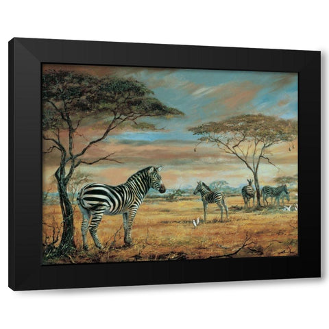 Savanne Zebras Black Modern Wood Framed Art Print with Double Matting by Unknown