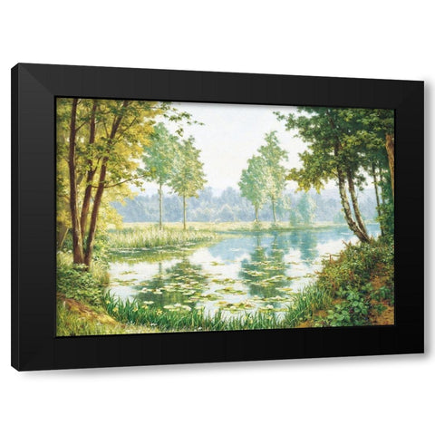 Misty Lake Black Modern Wood Framed Art Print with Double Matting by Unknown