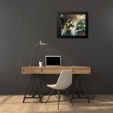 Smell the Flowers Black Modern Wood Framed Art Print by Unknown