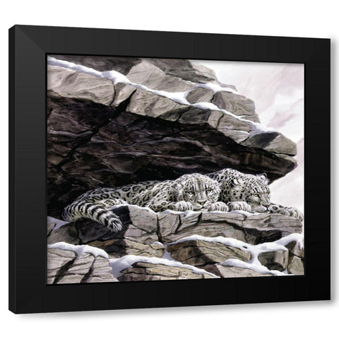 Snow Leopards Black Modern Wood Framed Art Print by Unknown