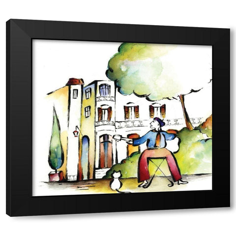 Guitar and Cat Black Modern Wood Framed Art Print by Unknown