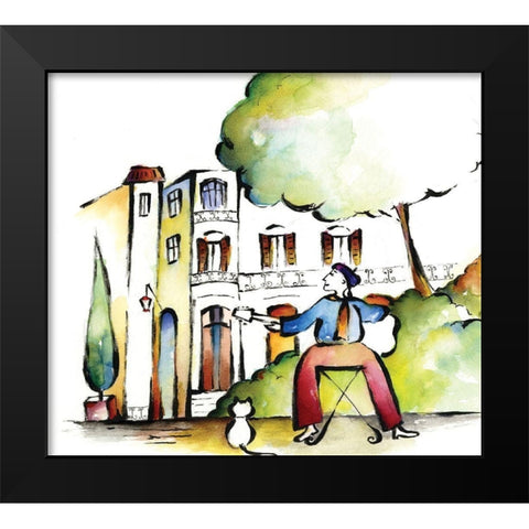 Guitar and Cat Black Modern Wood Framed Art Print by Unknown