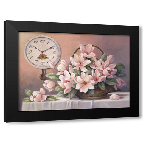Magnolias and Clock Black Modern Wood Framed Art Print by Unknown