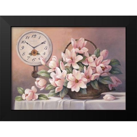 Magnolias and Clock Black Modern Wood Framed Art Print by Unknown