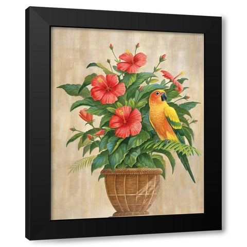 Parrot and Hibiscus Black Modern Wood Framed Art Print with Double Matting by Unknown