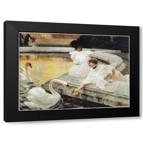 Two Swans Black Modern Wood Framed Art Print with Double Matting by Unknown