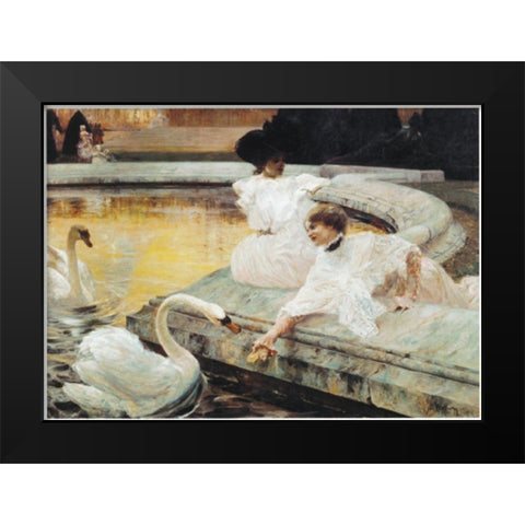 Two Swans Black Modern Wood Framed Art Print by Unknown